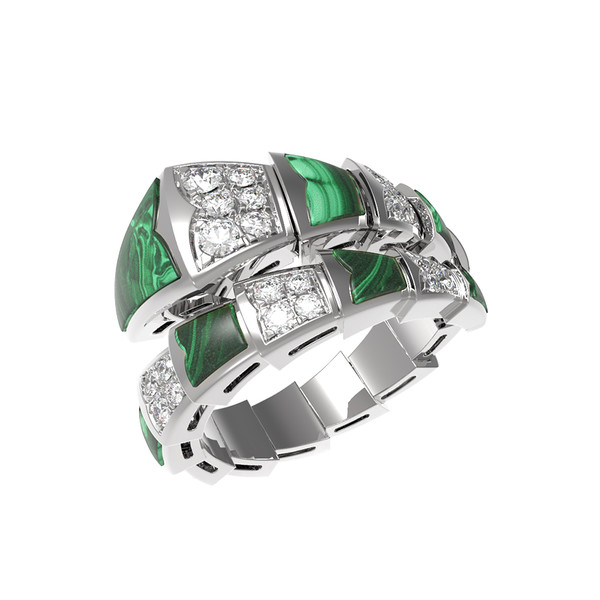 Кольцо из белого золота c бриллиантами и малахитом