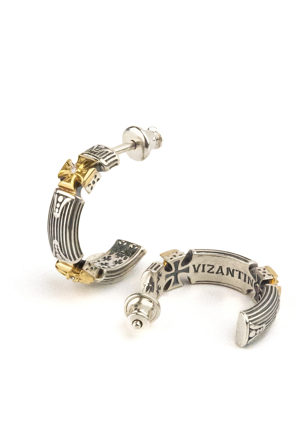 Серьги из серебра и золота c бриллиантами и рубином