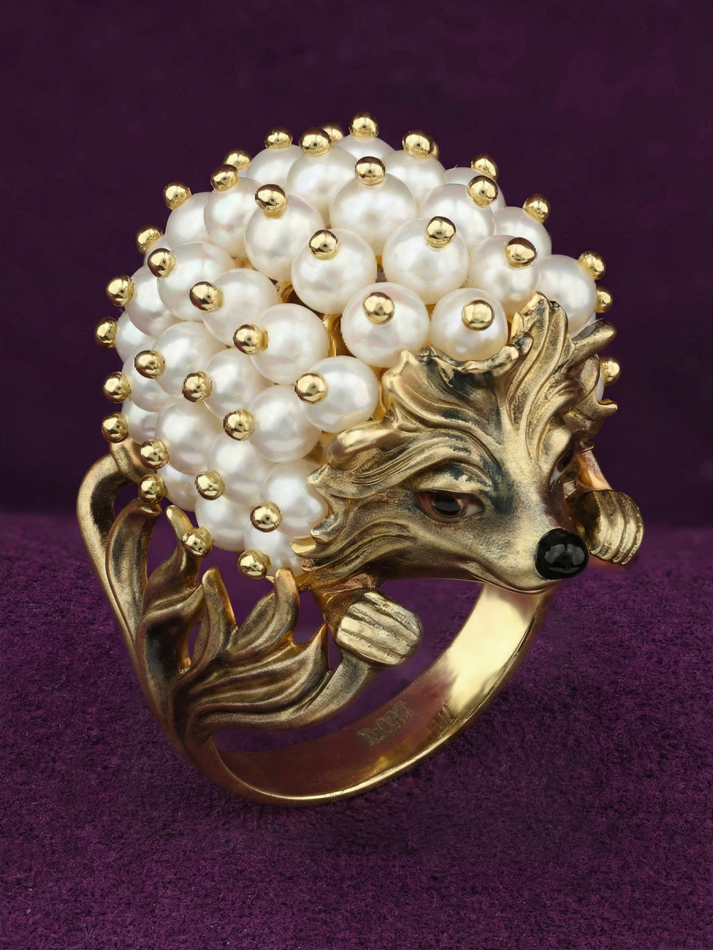 Кольцо из лимонного золота c эмаль и жемчугом