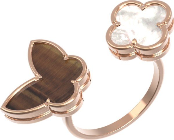 Кольцо из золота 585 пробы c тигровым глазом и перламутром