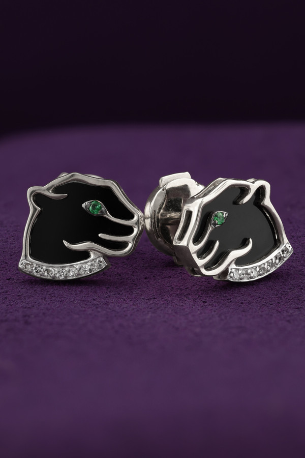 Серьги из белого золота c бриллиантами, изумрудом и ониксом