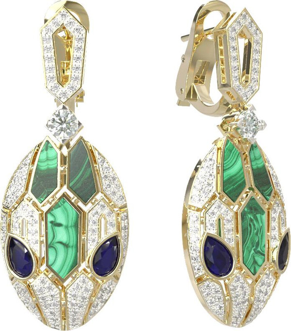 Серьги из лимонного золота c бриллиантами, сапфиром и малахитом