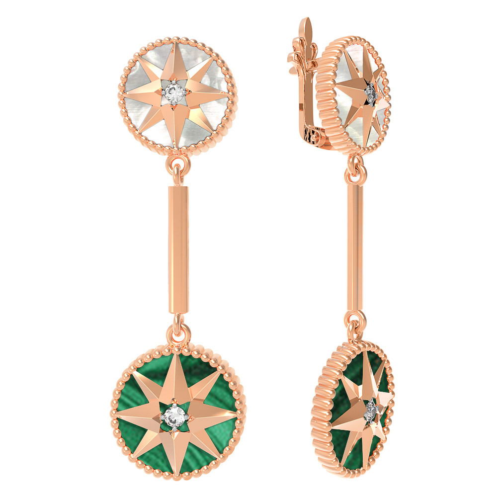 Серьги из золота c фианитом, малахитом и перламутром