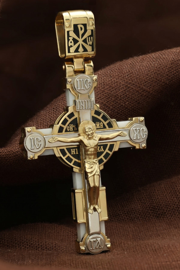 Крест из лимонного золота c эмаль и бивнем мамонта