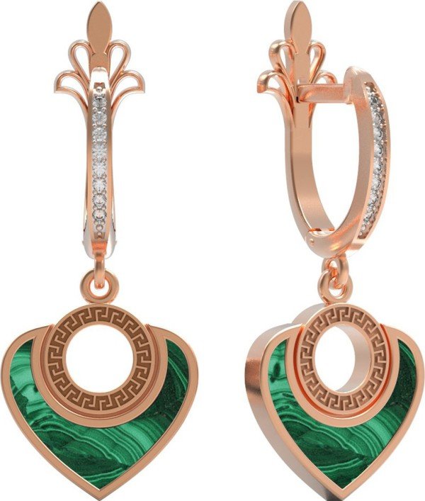 Серьги из золота c фианитом и малахитом