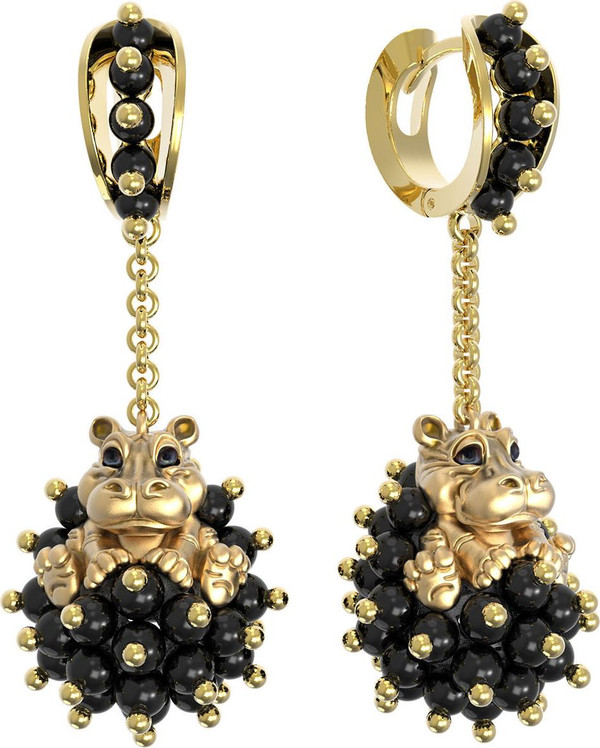 Серьги из лимонного золота c эмаль и ониксом