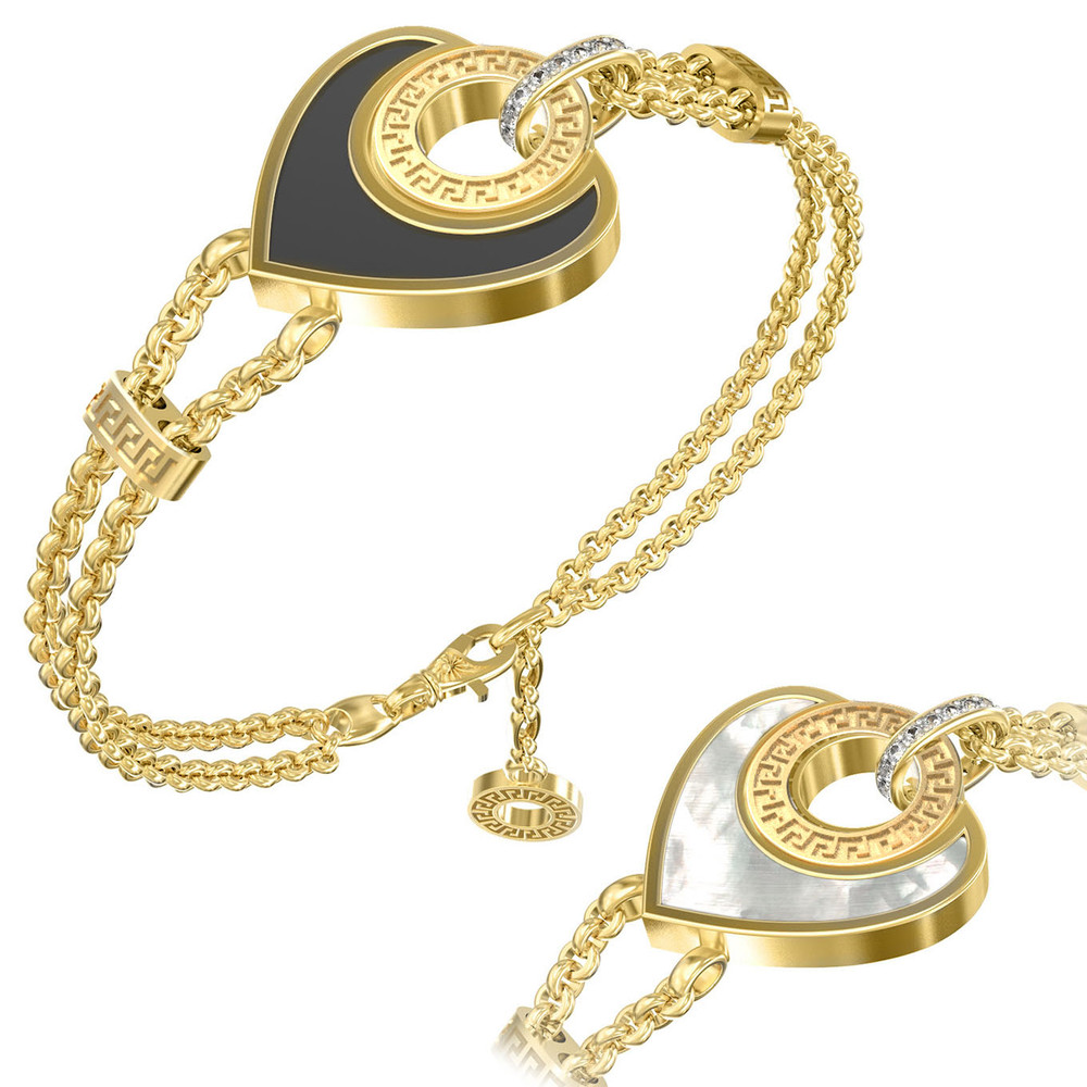 Браслет из лимонного золота c фианитом, ониксом и перламутром