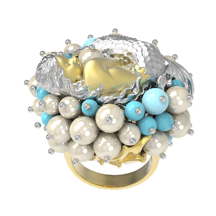 Кольцо из лимонного золота c жемчугом и бирюзой