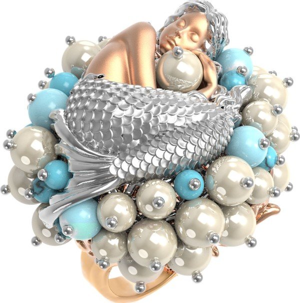 Кольцо из золота c жемчугом и бирюзой