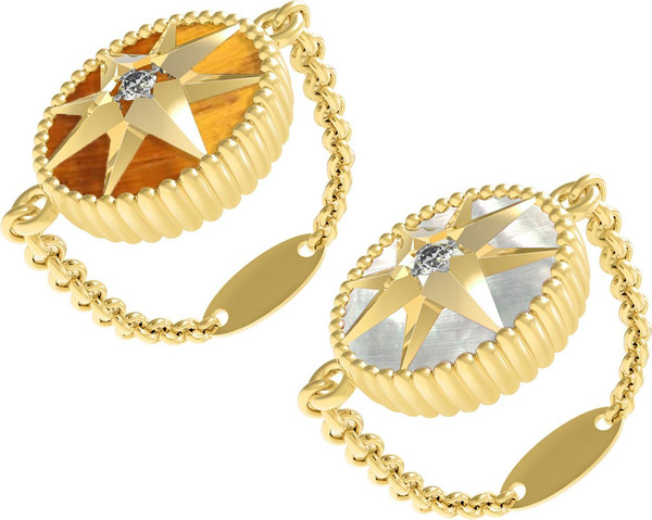 Кольцо из лимонного золота c фианитом, тигровым глазом и перламутром