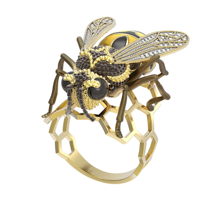 Кольцо из лимонного золота c эмаль и фианитом