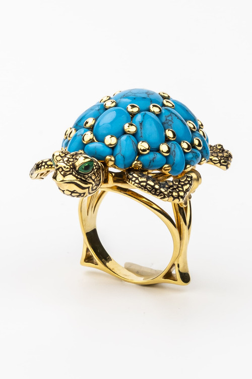 Кольцо из лимонного золота c эмаль и бирюзой