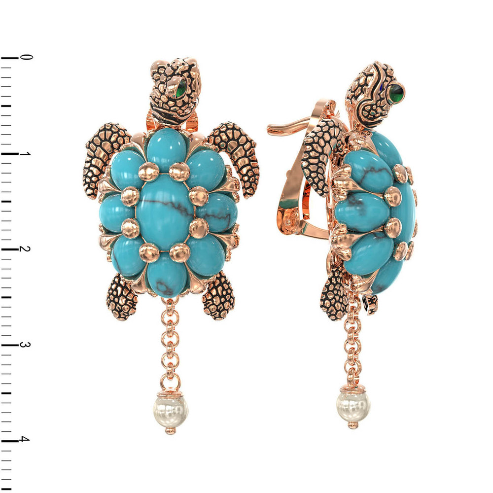 Серьги из золота c эмаль , жемчугом и бирюзой