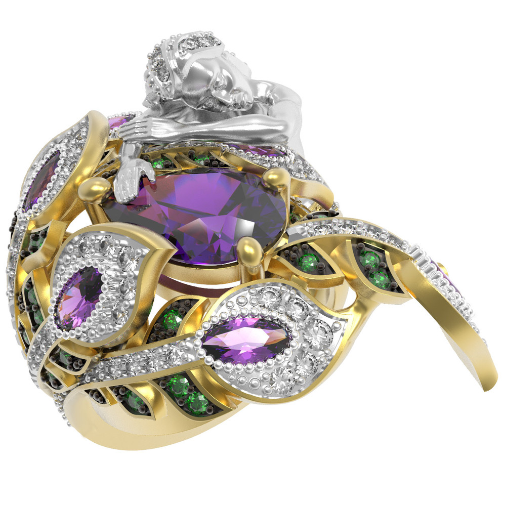 Кольцо из лимонного золота c фианитом и аметистом