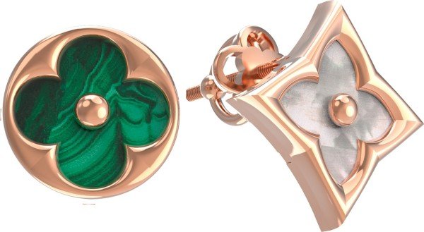 Серьги из золота 585 пробы c малахитом и перламутром