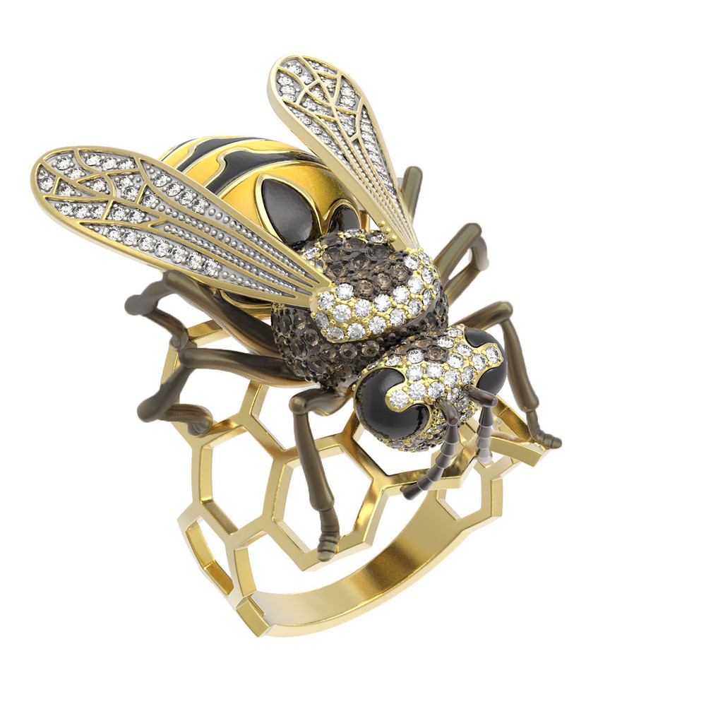 Кольцо из лимонного золота c эмаль и фианитом