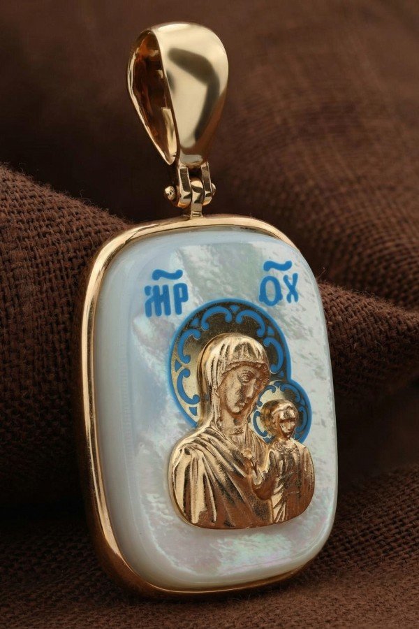 Образок из золота 585 пробы c эмалью и перламутром