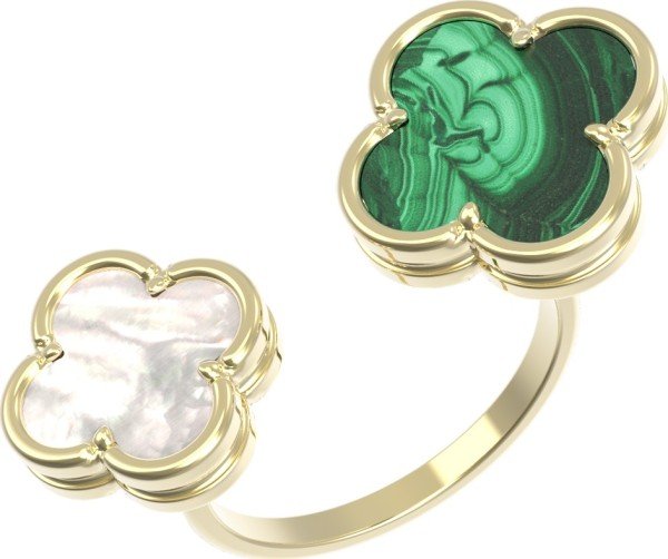 Кольцо из лимонного золота 585 пробы c малахитом и перламутром