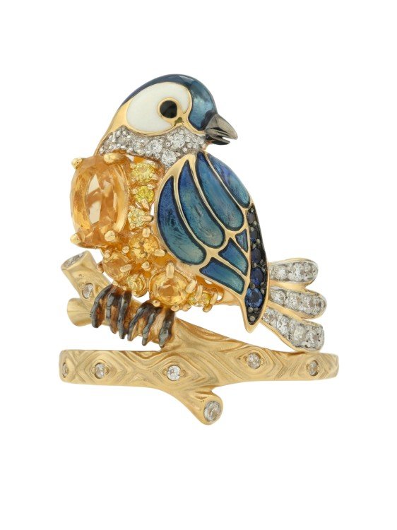 Кольцо из лимонного золота c эмаль , фианитом, цитрином и сапфиром