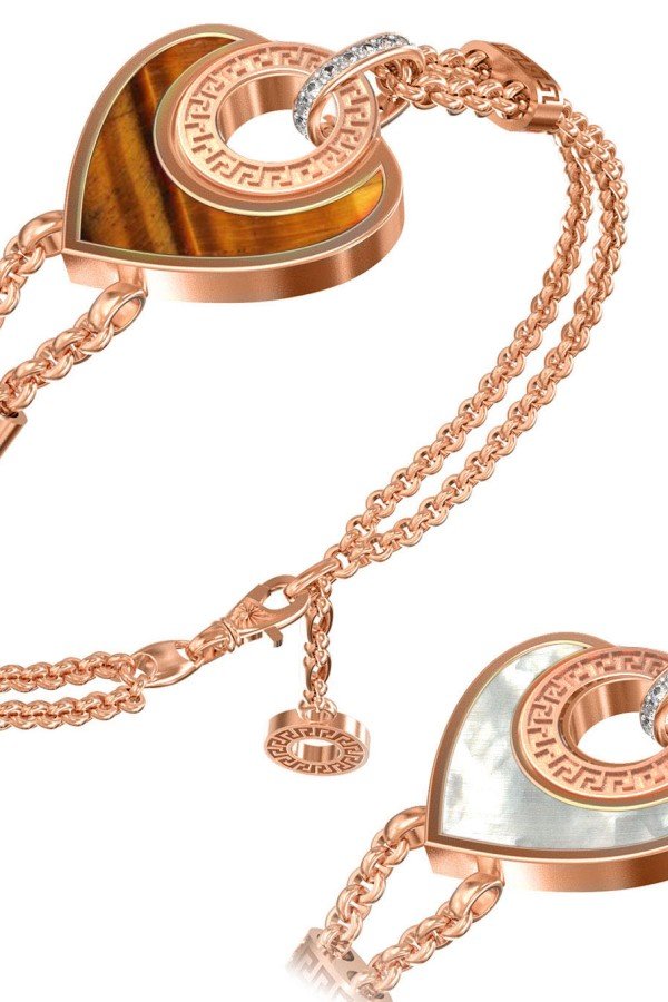 Браслет из золота c фианитом, тигровым глазом и перламутром