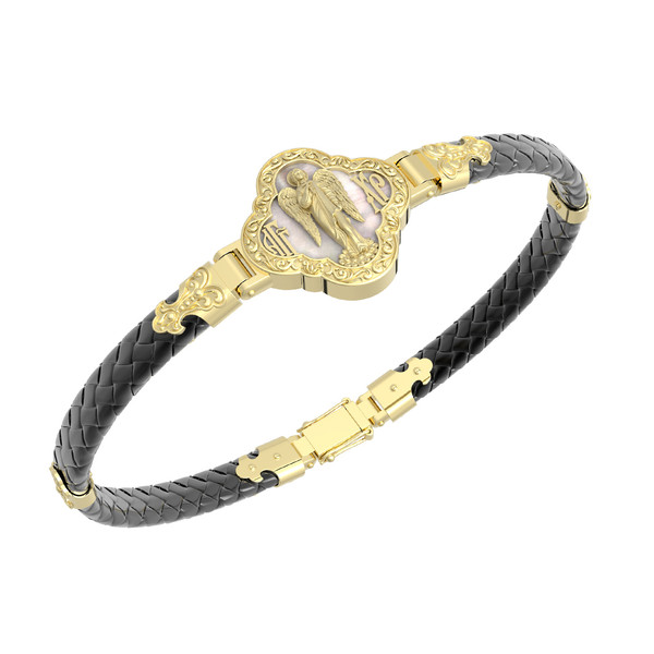 Браслет из лимонного золота c шнурком и перламутром