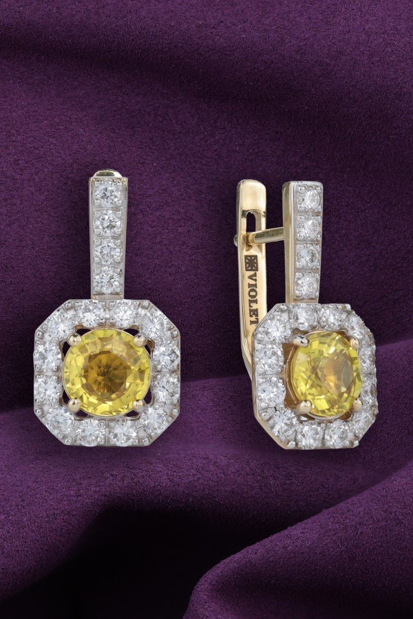 Серьги из лимонного золота 585 пробы c бриллиантами и сапфиром