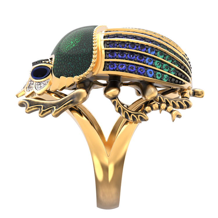 Кольцо из лимонного золота c эмаль , фианитом и турмалином