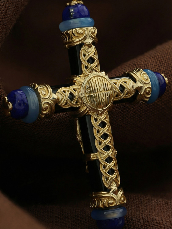 Крест из лимонного золота c ониксом, агатом и лазуритом