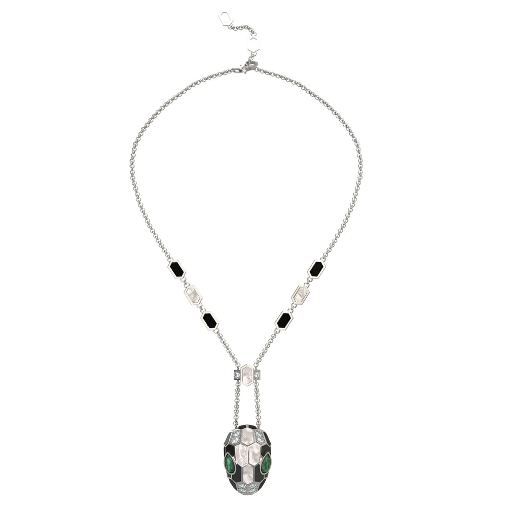 Колье из белого золота c бриллиантами, рубином, ониксом, малахитом и перламутром