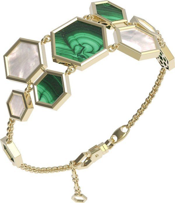Браслет из лимонного золота 585 пробы c малахитом и перламутром