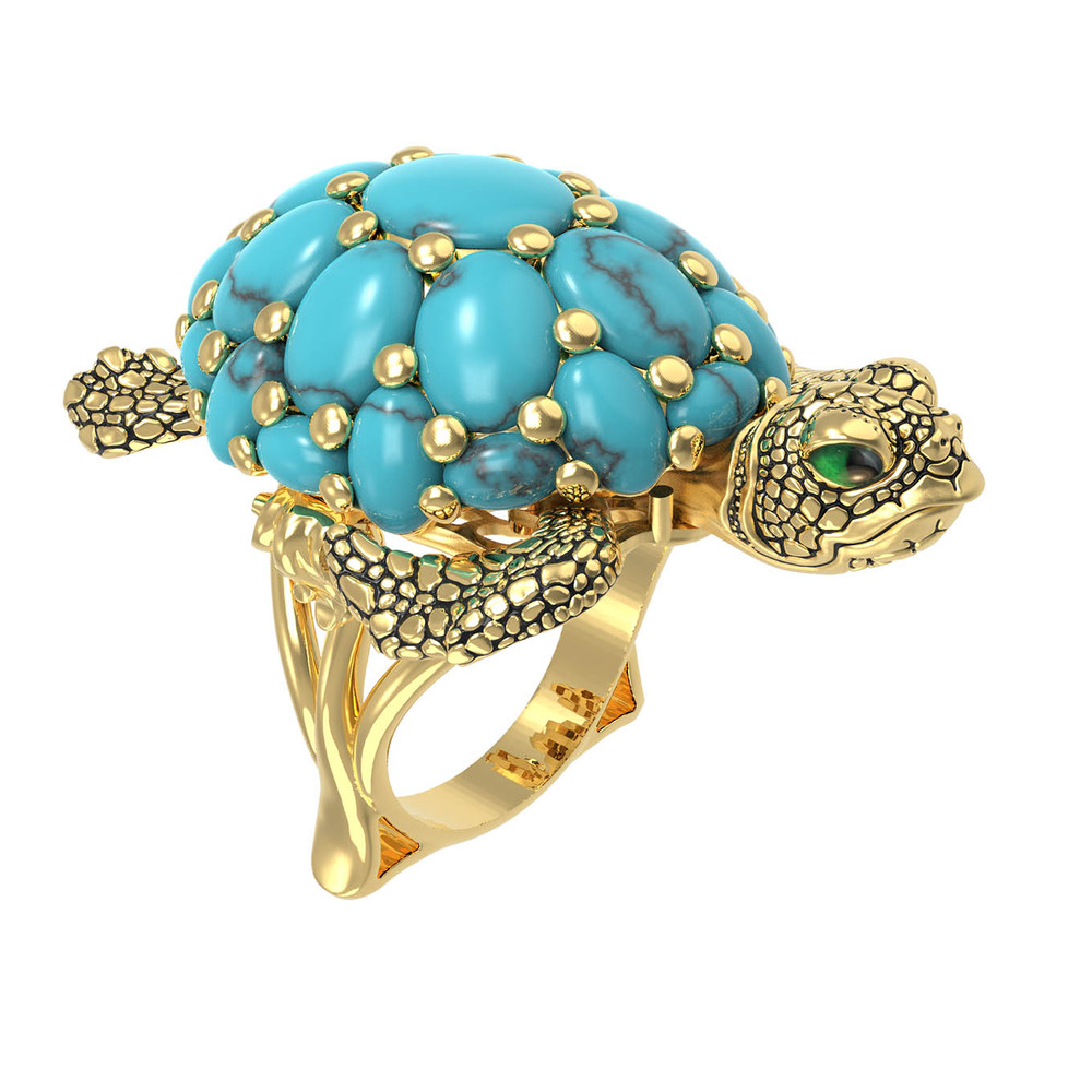 Кольцо из лимонного золота c эмаль и бирюзой