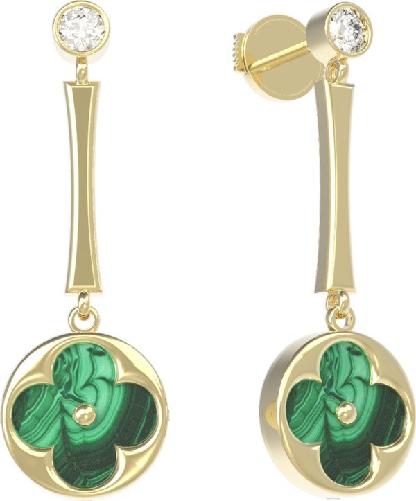 Серьги из лимонного золота 585 пробы c фианитом и малахитом