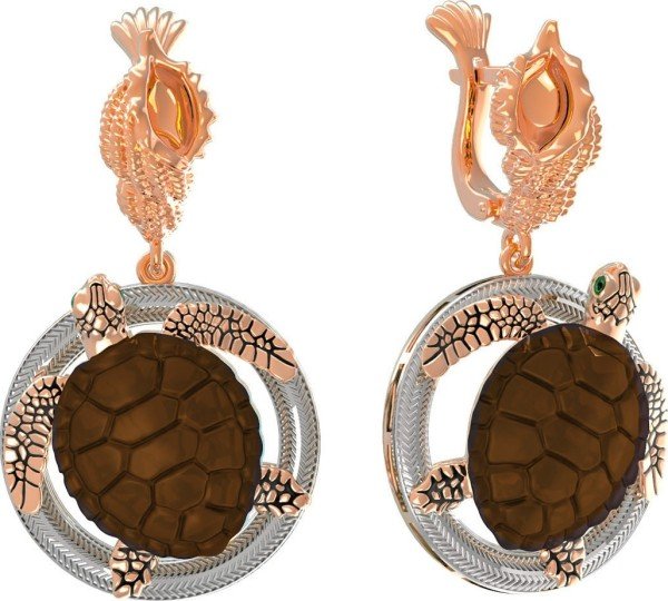 Серьги из золота 585 пробы c эмалью и железным деревом