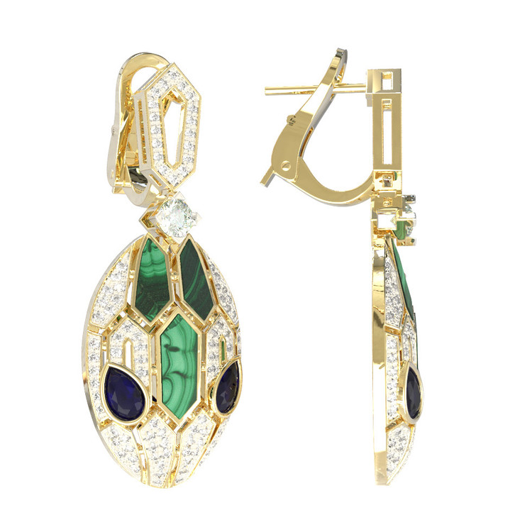 Серьги из лимонного золота c бриллиантами, сапфиром и малахитом