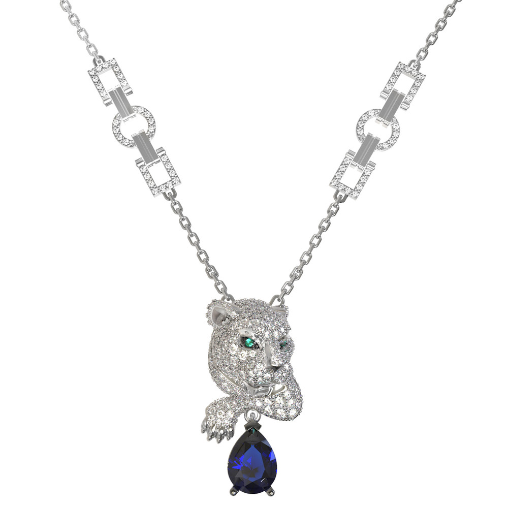 Колье из белого золота c бриллиантами, сапфиром и изумрудом