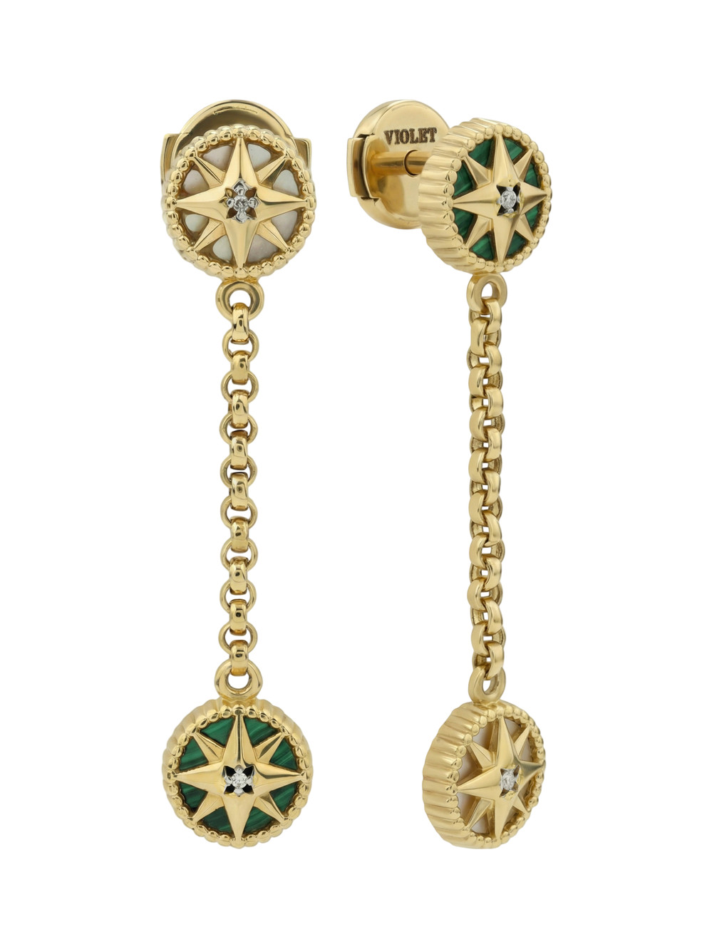 Серьги из лимонного золота c бриллиантами, малахитом и перламутром