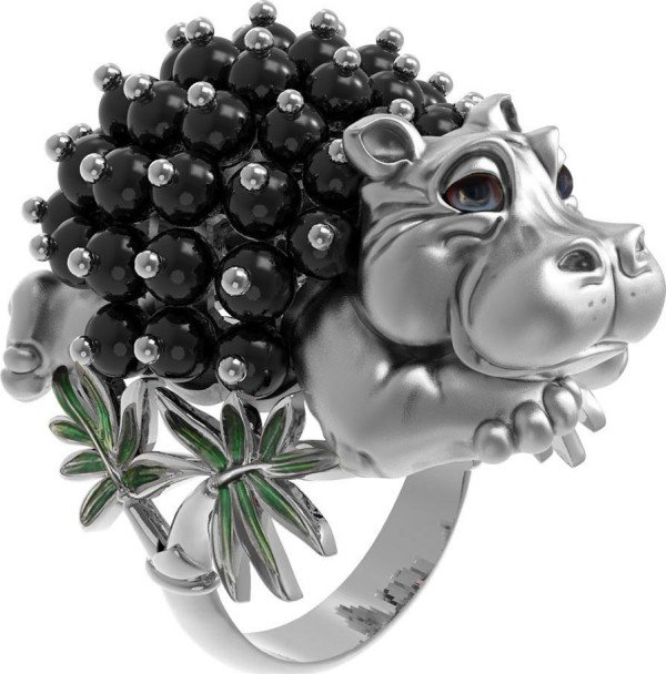 Кольцо из белого золота 585 пробы c эмалью и ониксом