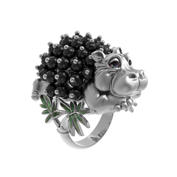 Кольцо из белого золота c эмаль и ониксом