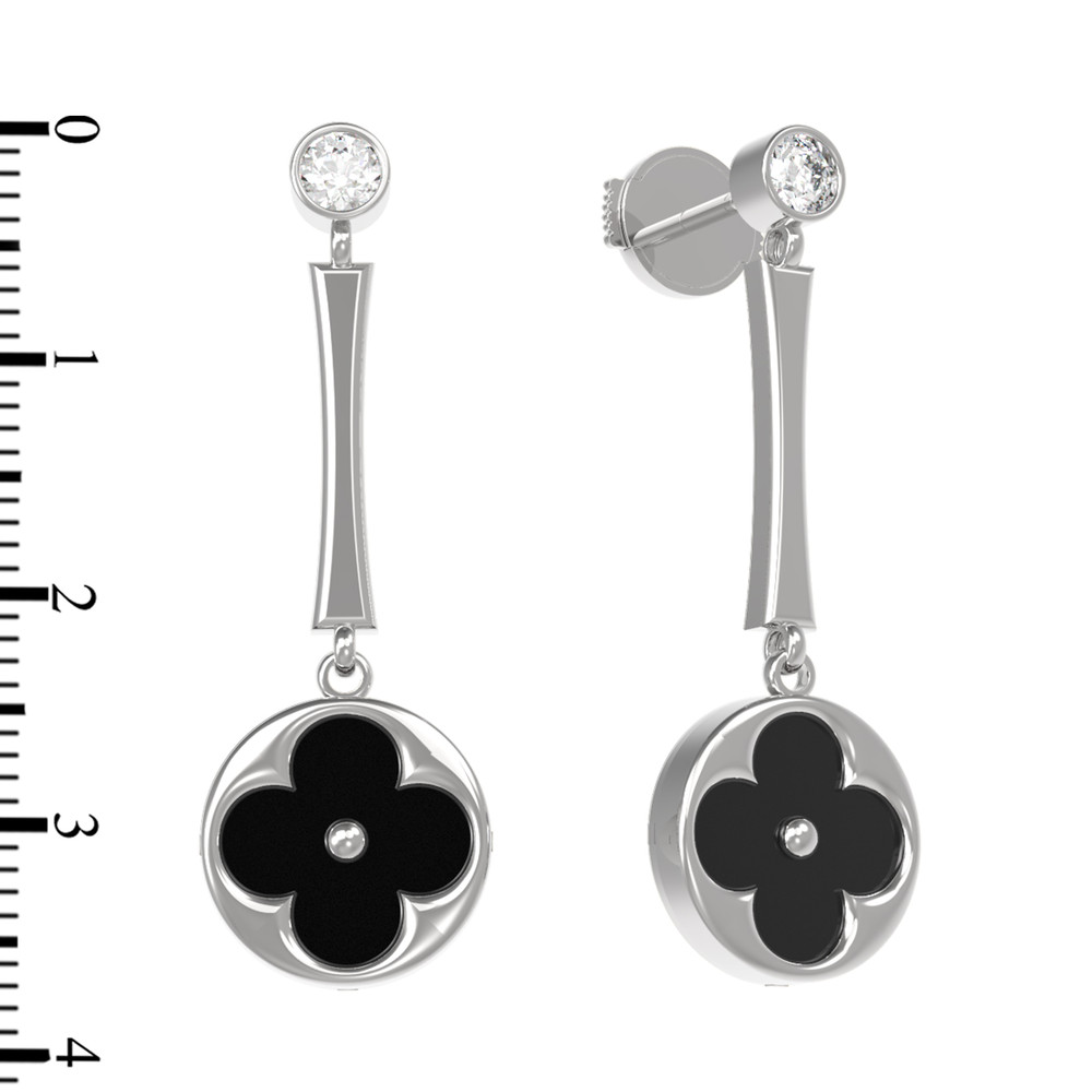 Серьги из белого золота c фианитом и ониксом