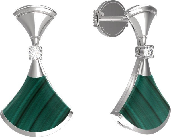 Серьги из белого золота 585 пробы c бриллиантами и малахитом