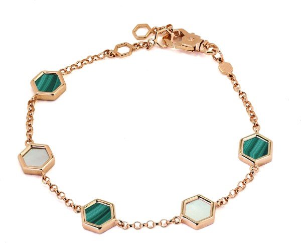 Браслет из золота 585 пробы c малахитом и перламутром