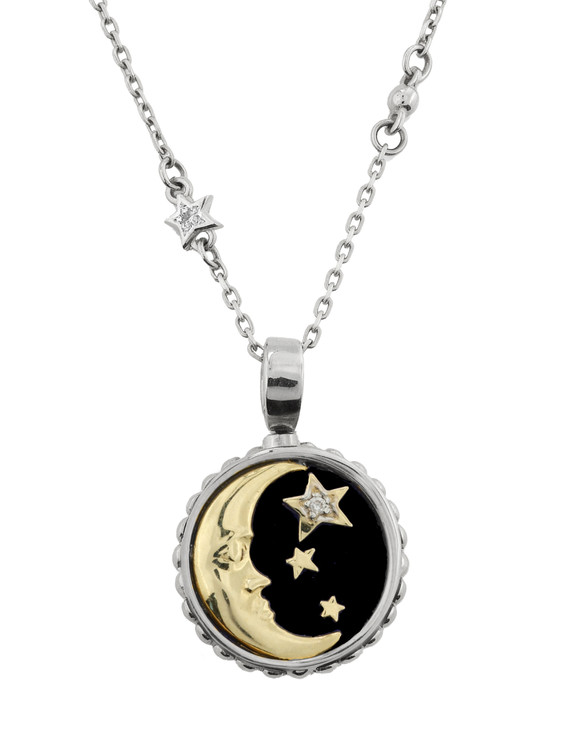 Колье из белого золота c бриллиантами, ониксом и перламутром