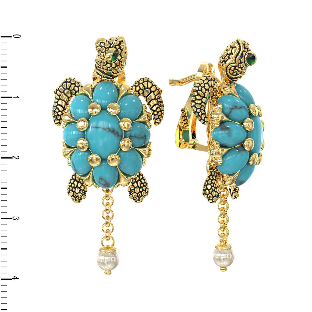 Серьги из лимонного золота c эмаль , жемчугом и бирюзой