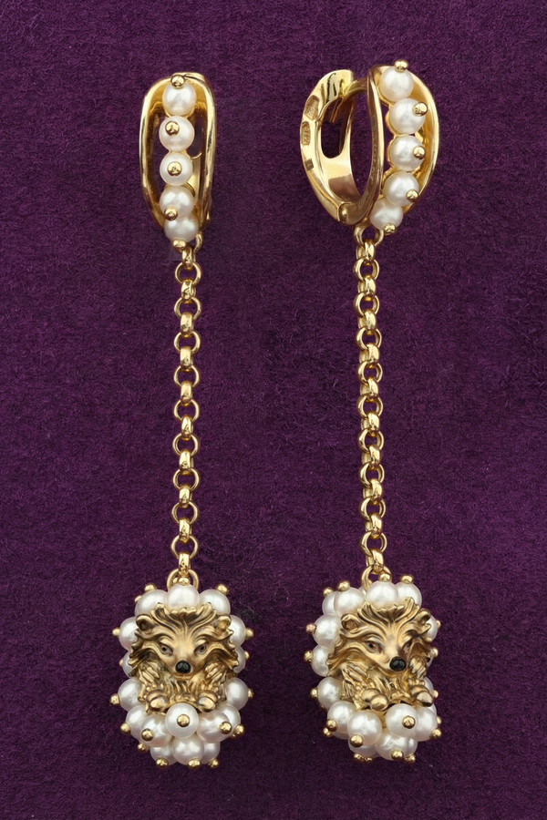 Серьги из лимонного золота c эмаль и жемчугом