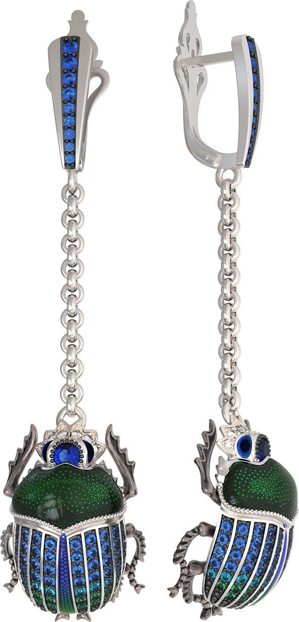 Серьги из белого золота c эмалью, фианитом и сапфиром