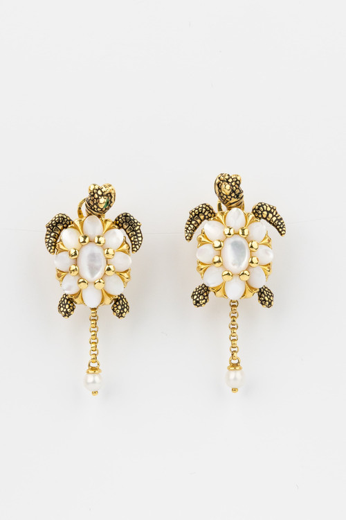 Серьги из лимонного золота c эмаль , жемчугом и перламутром