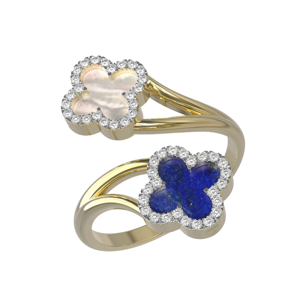 Кольцо из лимонного золота c бриллиантами, лазуритом и перламутром