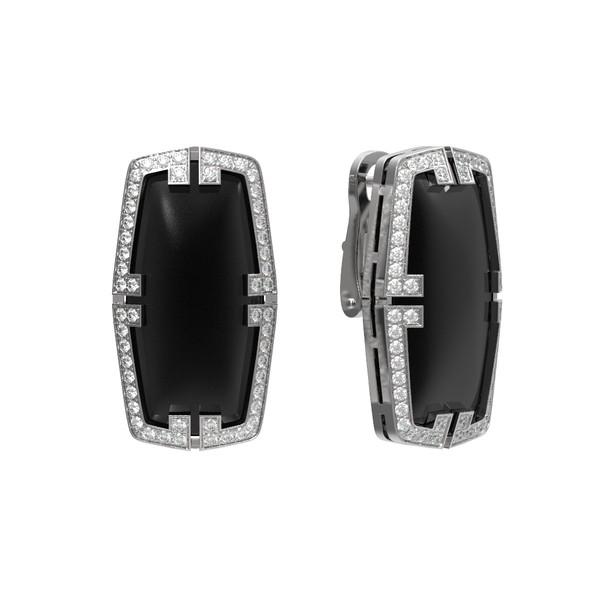 Серьги из белого золота c бриллиантами, рубином и ониксом