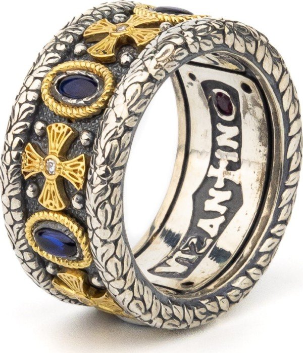 Кольцо из серебра и золота c бриллиантами, сапфиром и рубином