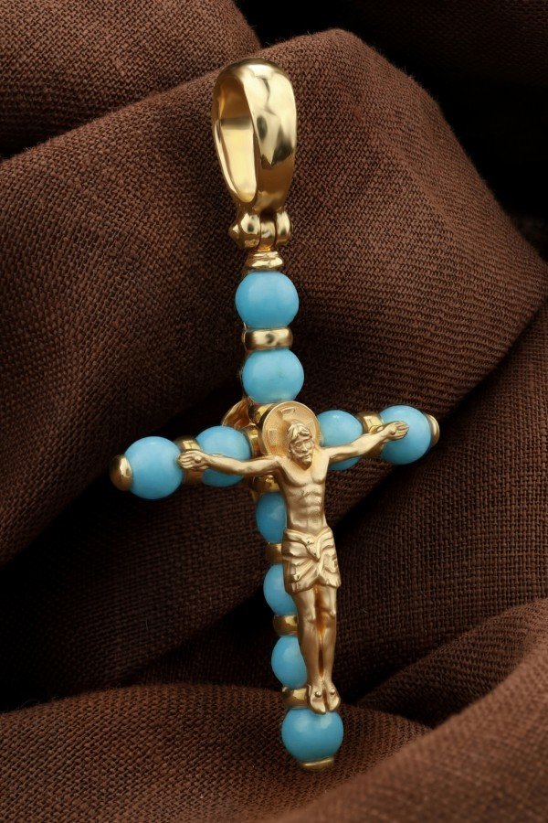 Крест из лимонного золота c бирюзой